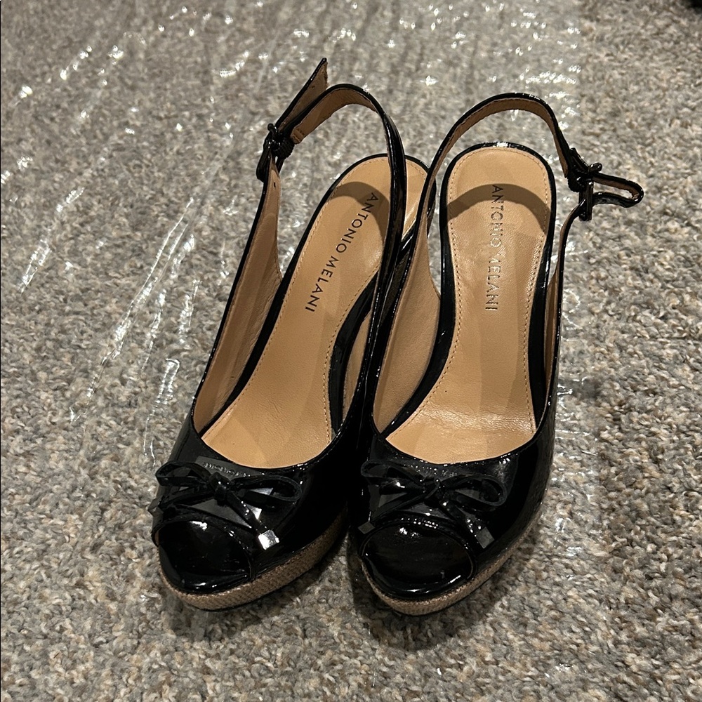 Antonio Melani Black Patent Wedge Sandals